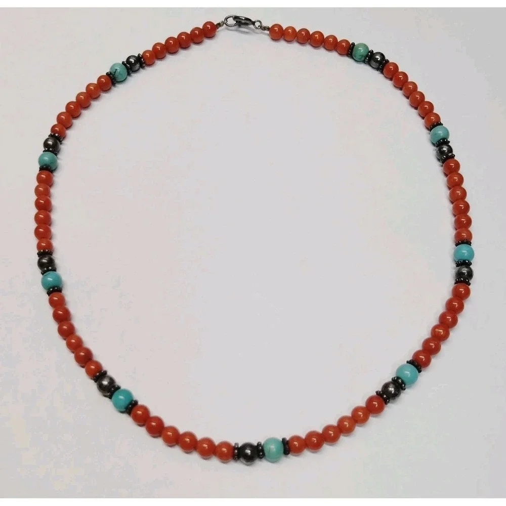 VTG Rare Southwestern Coral & Turquoise Sterling Silver Beads Neacklace 16